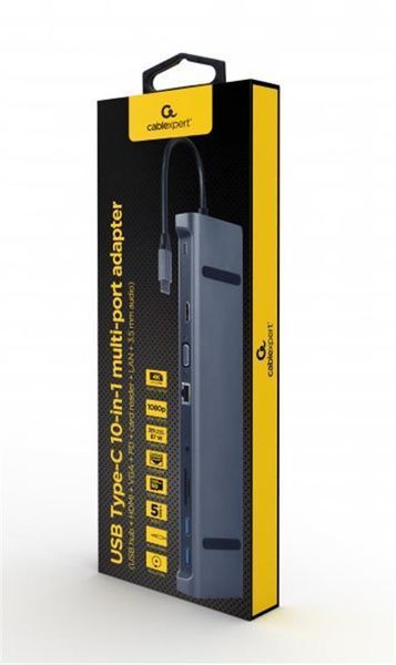 Док-станція Cablexpert USB-C 10-в-1 (A-CM-COMBO10-01) USB-хаб + HDMI/VGA/PD/картрідер/LAN/3.5-мм аудіо 445189 фото