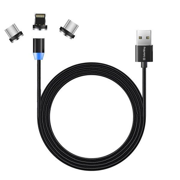 Кабель ColorWay Magnetic USB - Lightning + micro USB + USB Type-C (M/M), 2.4 А, 1 м, Black (CW-CBUU020-BK) 305929 фото