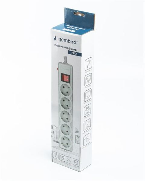 Фільтр живлення Gembird Pro (SPG5-G-6G-PRO) 5 розеток, 1.8м, сірий 449526 фото