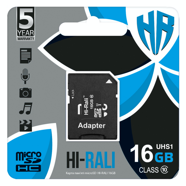 Карта пам`ятi MicroSDHC 16GB UHS-I Class 10 Hi-Rali + SD-adapter (HI-16GBSD10U1-01) 305236 фото