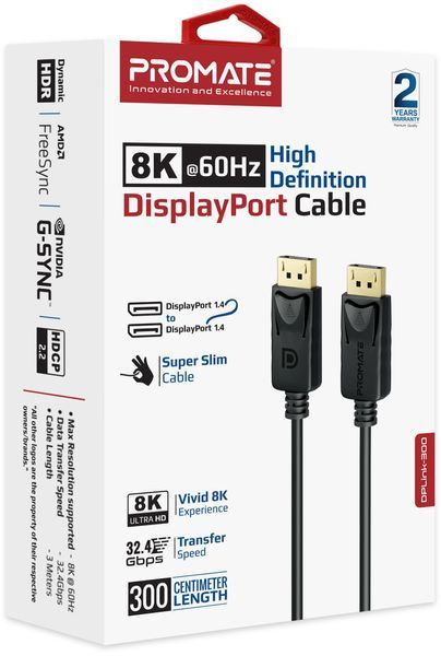 Кабель Promate DisplayPort - DisplayPort V 1.4 (M/M), 3 м, (dplink-300.black) 557935 фото