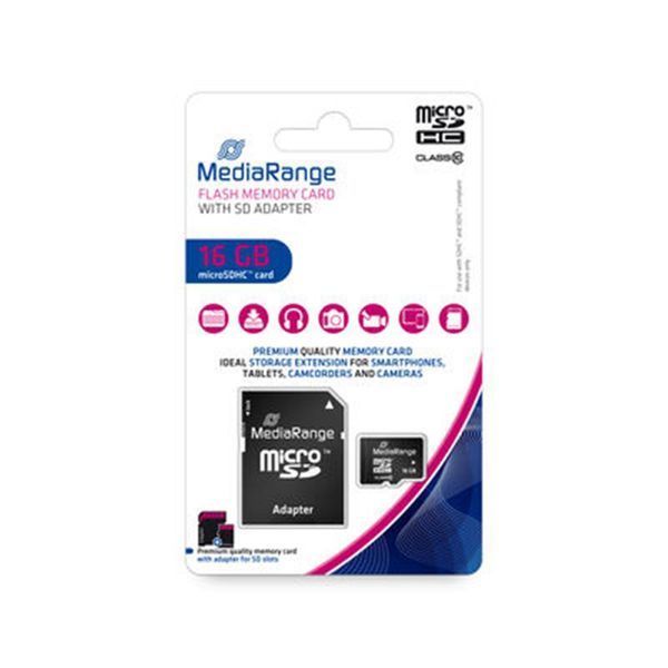 Карта пам`ятi MicroSDHC 16GB Class 10 MediaRange R45/W12MB/s + SD-adapter (MR958) 478909 фото