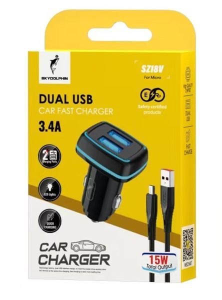 Автомобільний зарядний пристрій SkyDolphin SZ18V (2USB, 3.4A) Black (AZP-000101) + кабель microUSB 463615 фото
