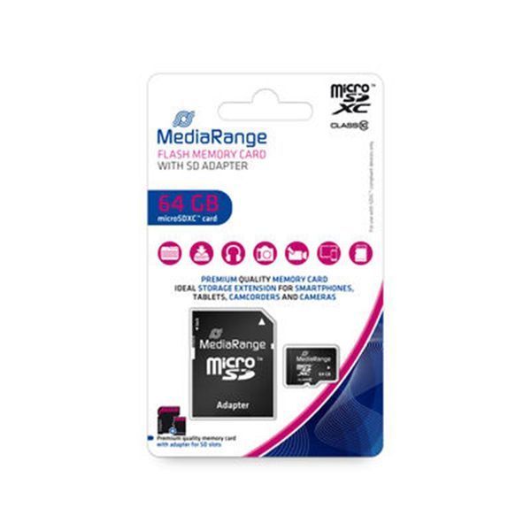 Карта пам`ятi MicroSDHC 64GB Class 10 MediaRange R60/W15MB/s + SD-adapter (MR955) 478910 фото