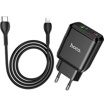 Мережевий зарядний пристрій Hoco N5 (1USB 3A QC3.0 + 1 PD Type-C) Black (S25719) + кабель Lightning 507068 фото
