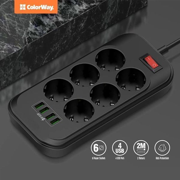 Фільтр живлення СolorWay (CW-CHE64B) 6 розеток, 4xUSB, 2м, Black 275216 фото