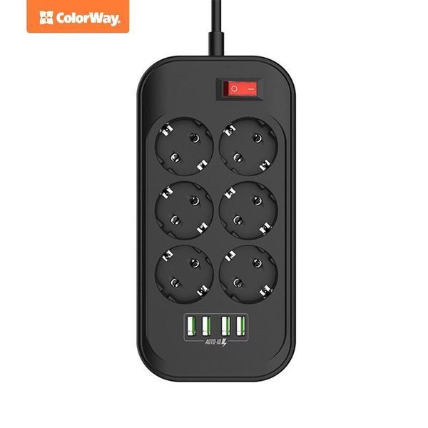 Фільтр живлення СolorWay (CW-CHE64B) 6 розеток, 4xUSB, 2м, Black 275216 фото