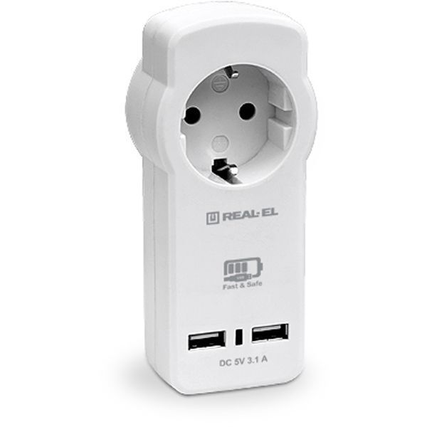 Мережевий зарядний пристрій з розеткою REAL-EL CS-30 (2USB, 3.1A) White 447695 фото
