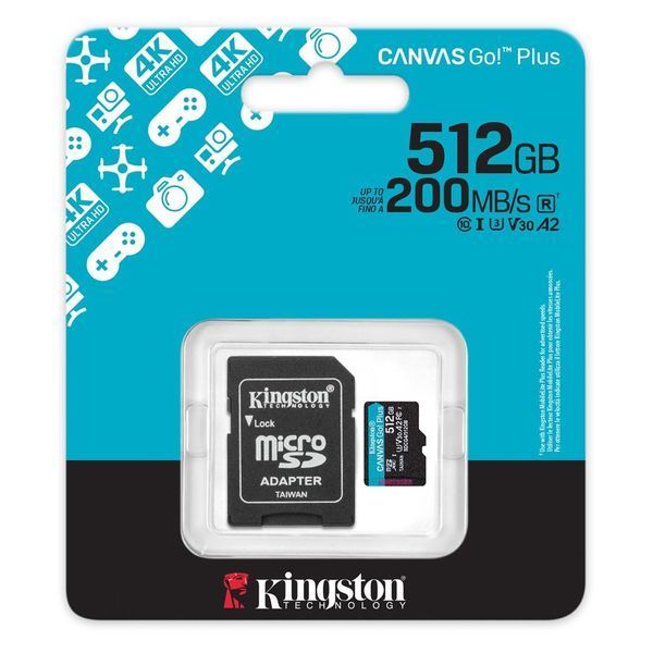 Карта пам`яті MicroSDXC 512GB UHS-I/U3 Class 10 Kingston Canvas Go! Plus R200/W160MB/s + SD-адаптер (SDCG4/512GB) 550107 фото