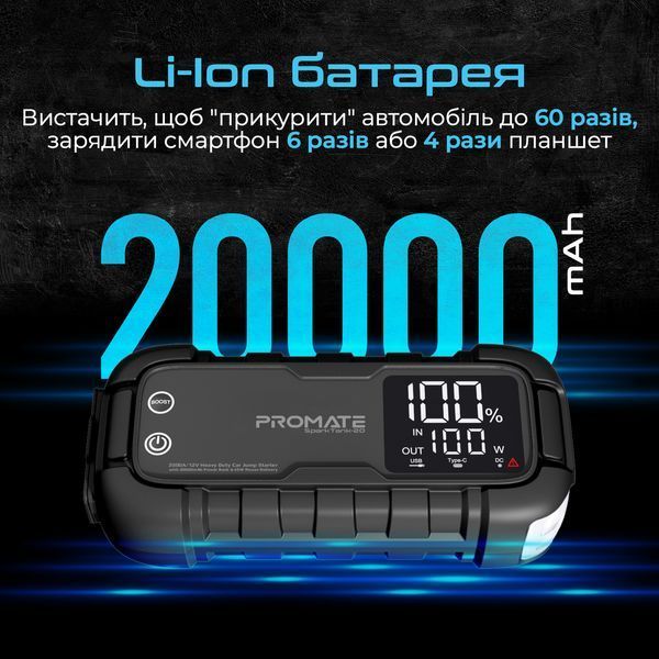 Пускозарядний пристрій Promate SparkTank-20 20000mAh 1000A/2000A Jump Starter Black 541634 фото