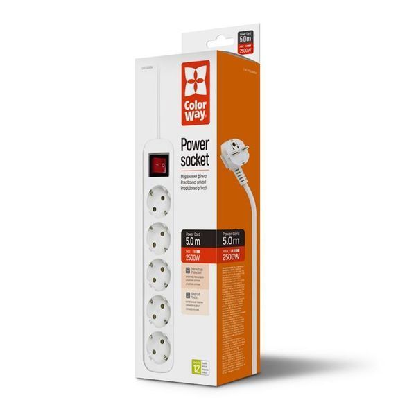 Фільтр живлення СolorWay (CW-PSEA55W) 5 розеток, 5м, White 456620 фото