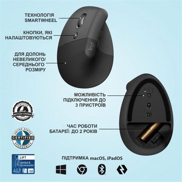 Миша бездротова Logitech Lift Vertical Ergonomic Graphite (910-006474) 453769 фото