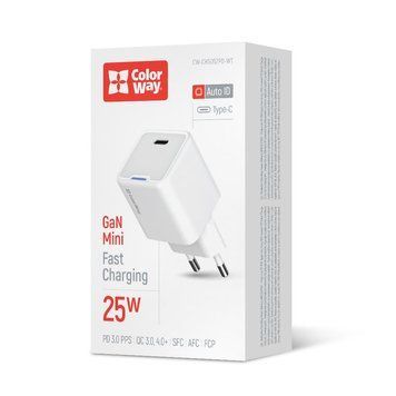 Мережевий зарядний пристрій ColorWay GaN Mini 25W PD Port PPS USB-C White (CW-CHS052PD-WT) 551255 фото
