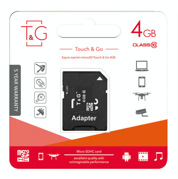 Карта пам`яті MicroSDHC 4GB Class 10 T&G + SD-adapter (TG-4GBSDCL10-01) 372690 фото