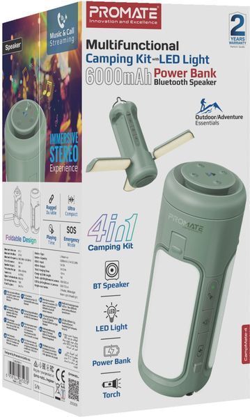 Ліхтарик кемпінговий Promate з Bluetooth колонкою та вбудованим повербанком на 6000 мАг Green (campmate-4) 558112 фото