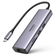 Концентратор USB Type-C Ugreen CM512 2xUSB 3.0 + HDMI + RJ45 1000M Ethernet + Cardreader, Gray (60515)