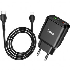 Мережевий зарядний пристрій Hoco N5 (1USB 3A QC3.0 + 1 PD Type-C) Black (S25719) + кабель Lightning