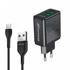 Мережевий зарядний пристрій Grand-X (2xUSB 3.1А) Black з кабелем Type C (CH-60T)