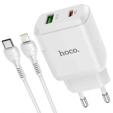 Мережевий зарядний пристрій Hoco N5 (1USB 3A QC3.0 + 1 PD Type-C) White (S25619) + кабель Lightning